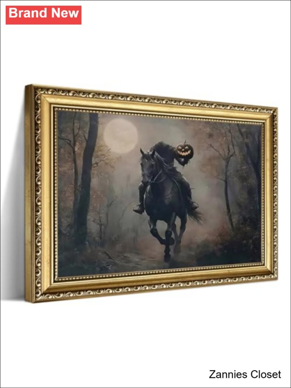 👻 Vintage Gold Framed Halloween Wall Art Headless Horseman Pumpkin Gothic Decor